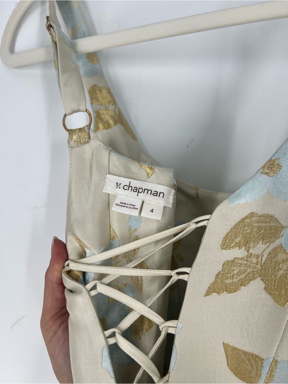 V. Chapman Avery Light Blue Cream Gold Floral Brocade Corset Back Maxi Dress 4 - Picture 7 of 9